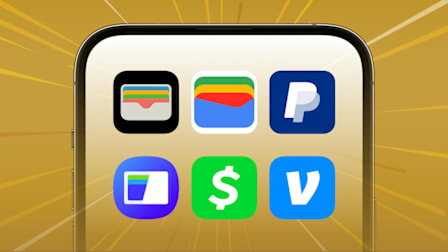 A smartphone screen displaying payment app icons, Apple Wallet, Google Wallet, PayPal, Samsung Wallet, Cash App, and Venmo, against a golden background with radiating lines.